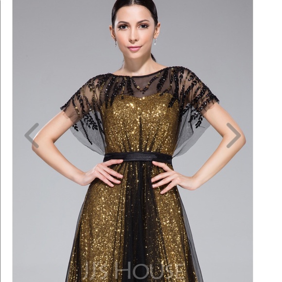 Gold sequins mesh party evening formal dress - Picture 5 of 7